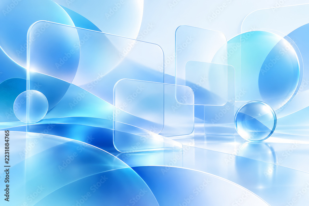Transparent blue glass geometric shapes and spheres Stock Illustration ...
