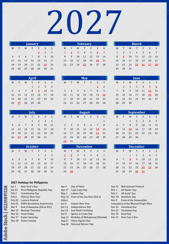 2027 philippine calendar Stock Vector | Adobe Stock