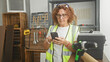 © Krakenimages.com - Woman carpenter in hi vis vest holding smartphone, tapping screen with hands amid tools and drill case on shelf in building workshop; concentration.