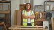 © Krakenimages.com - Woman carpenter with crossed arms in high visibility vest beside wood planks and tools in a building; confidence skill and experience.