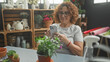 © Krakenimages.com - Woman holding smartphone, thumbs tapping screen while seated beside potted plants, succulents and wooden crate shelves with vases and wrapping paper in a studio; contentment gardening.