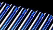 © Rendara Studio - Angled chrome tubes with blue neon highlights in dark abstract 3D scene