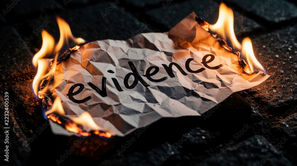 Crumpled paper with word evidence burns on dark pavement at night ...