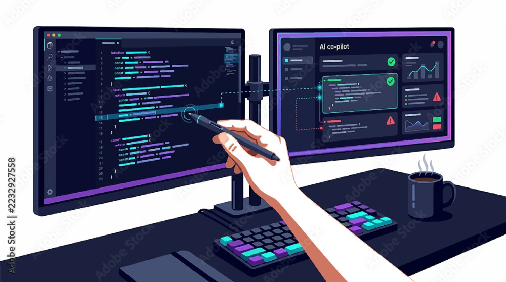 Dual monitor computer setup with software code and hand Stock Vector ...