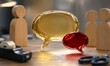 © joeycheung - Golden and red speech bubbles surrounded by wooden figures on a desk.