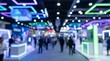 © Fauzan - Blurred indoor background of a modern commercial exhibition hall, featuring glowing geometric ceiling lights, colorful illuminated display booths, and a spacious convention center walkway.