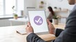 © Ming - Man holding tablet showing real estate approval icon, checking property sale status, buying house success, mortgage verification, home ownership confirmation