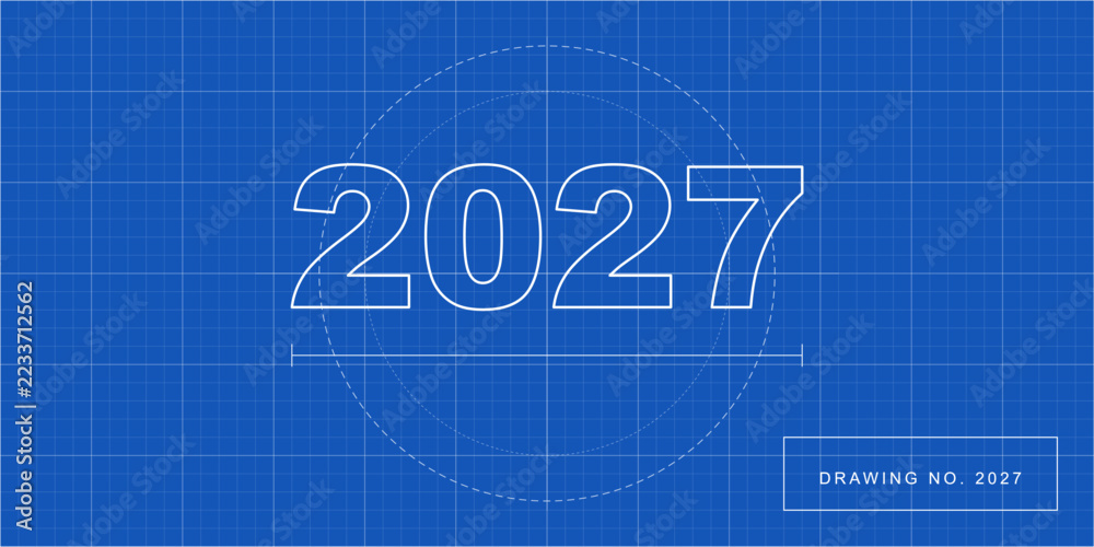 Year 2027 technical blueprint design with white outline numbers and ...