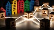 © Viktor - Wooden blocks with person icons connect via glowing fiber optic cables in front of colorful toy buildings. Digital network concept shows social connections, communication, community links. Global