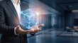 © Jun - Businessman holding glowing blue holographic cube with circuit patterns in modern office background representing artificial intelligence and future innovation concepts.