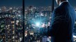 © Rui - Man holding glowing holographic network data structure against city skyline at night, illustrating future technology, artificial intelligence, big data analysis
