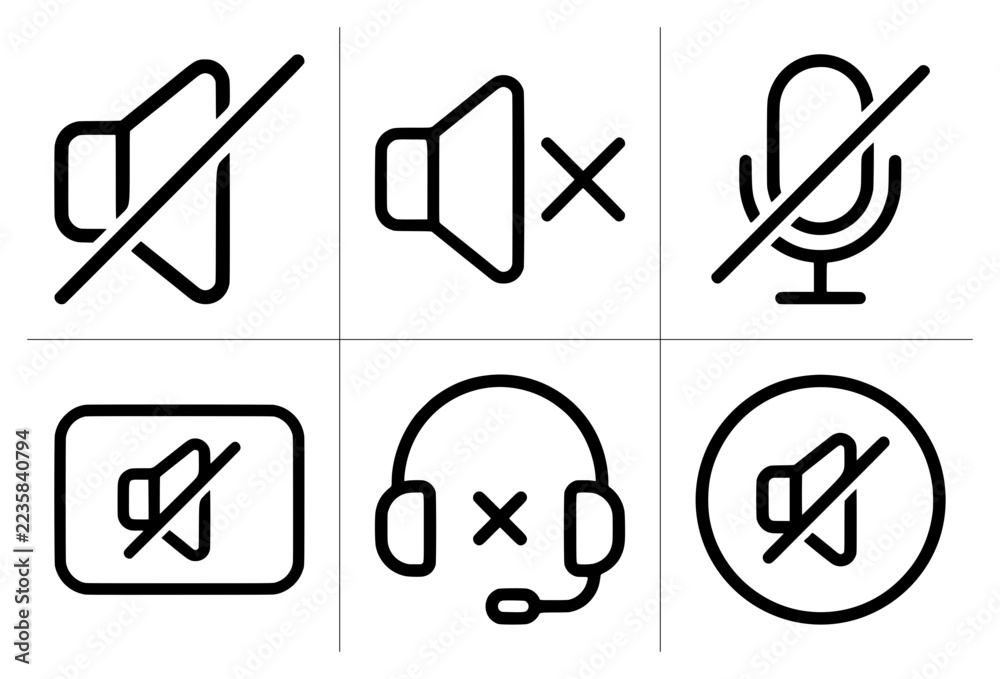 Less Audio Symbol Mute icons set with speaker, microphone, and headset symbols for audio ...