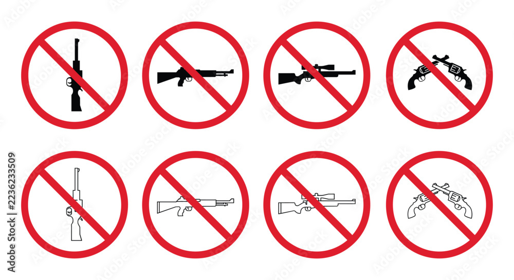 Firearm restriction warning signs featuring no rifle, assault rifle ...