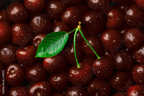 cherries and leaf with water drops (horizontal)