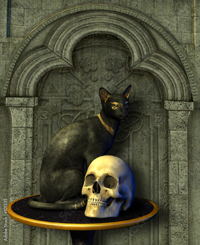 egyptian cat statue with skull