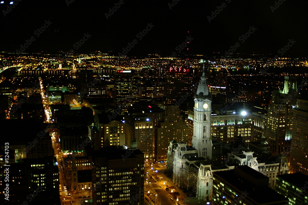 philadelphia and city  hall at night from above