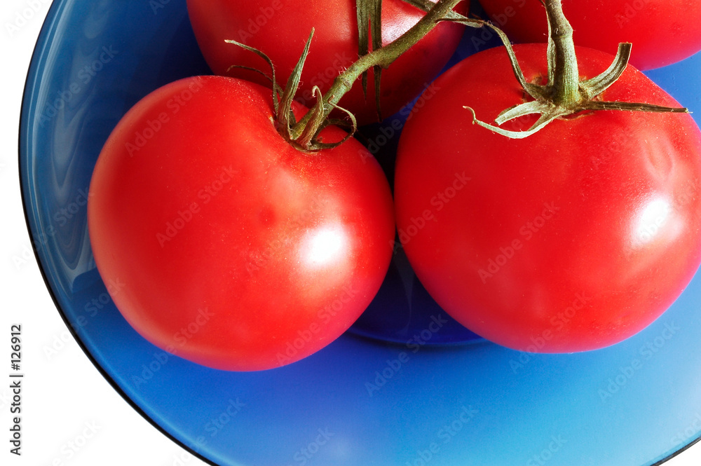 Fotografie tomatoes on blue glass plate, #2