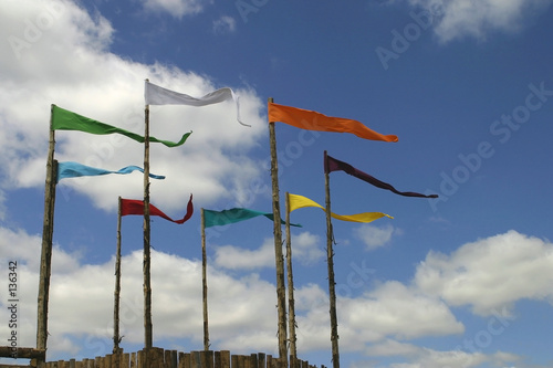 colored flags on blue sky