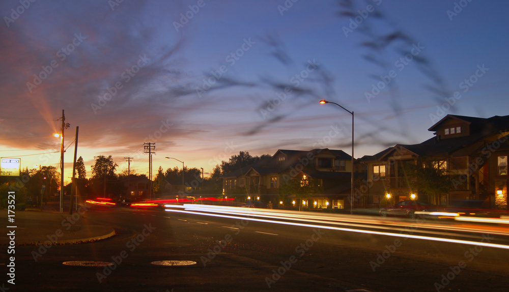 evening suburban street scene