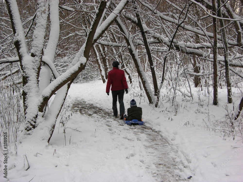 mother with child in winter wood mother with child in winter wood