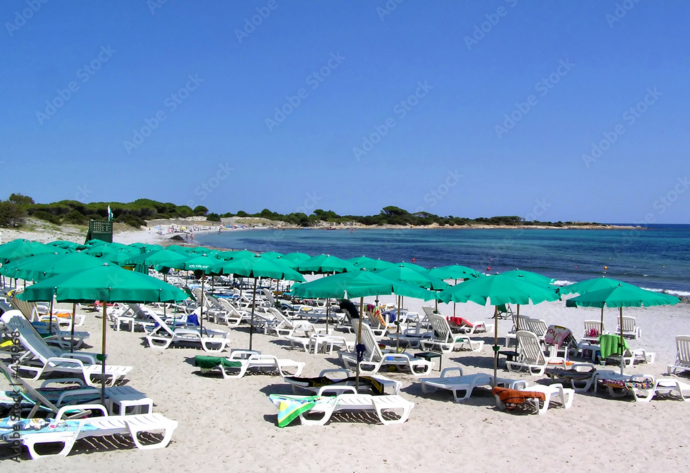 seaside beach green umbrellas