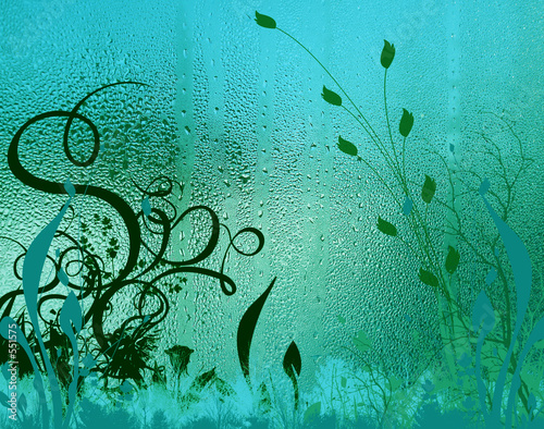 water drops on window with foliage