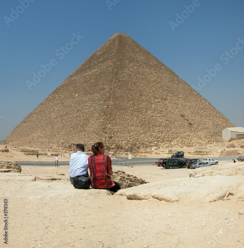 tourists at the pyramid of khufu at giza in egypt