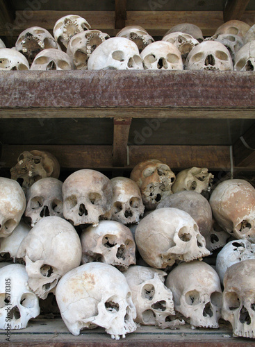 human skulls fill memorial stupa at choeung ek, ca