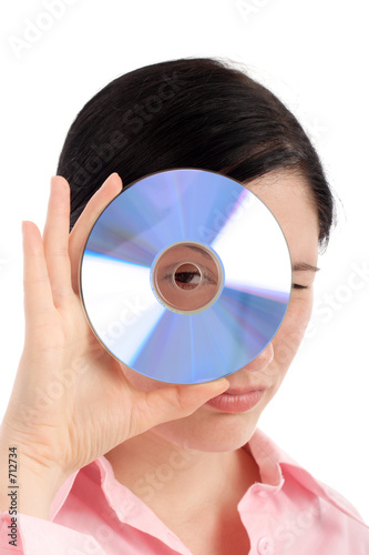 young woman holding blue cd
