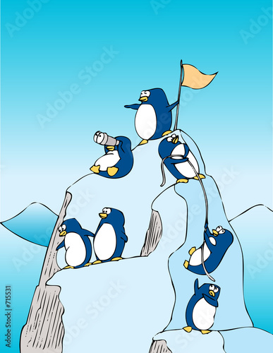 Slika na platnu Drawing of penguins on mountain top