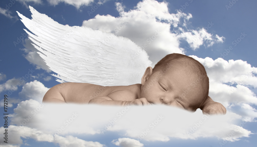 Αυτοκόλλητο baby infant in clouds with wings