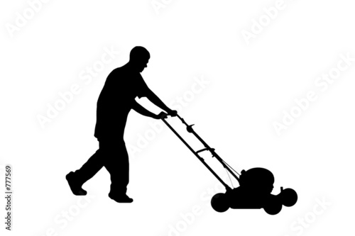silhouette of teenager mowing lawn w/clipping path