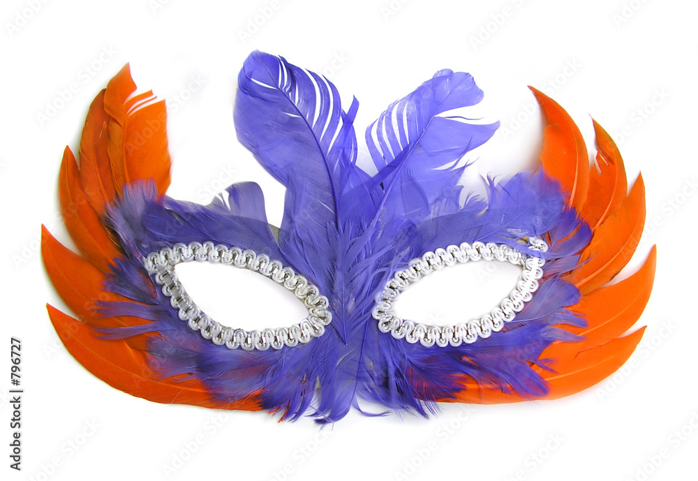carnival mask, orange and purple feathers - obrazy, fototapety, plakaty 