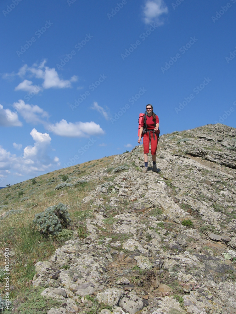 women in red on the trekking