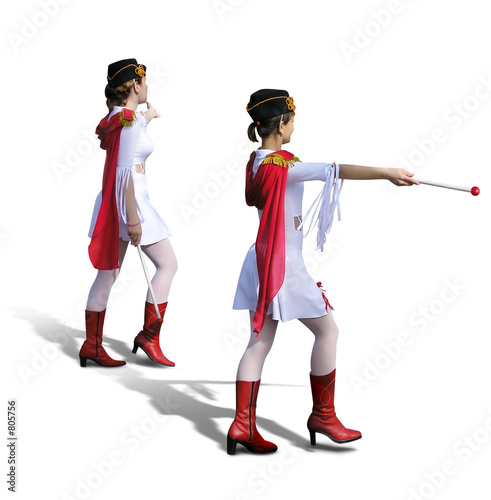 two majorettes with white dresses, red boots and s photo