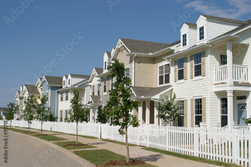 row of suburban townhouses