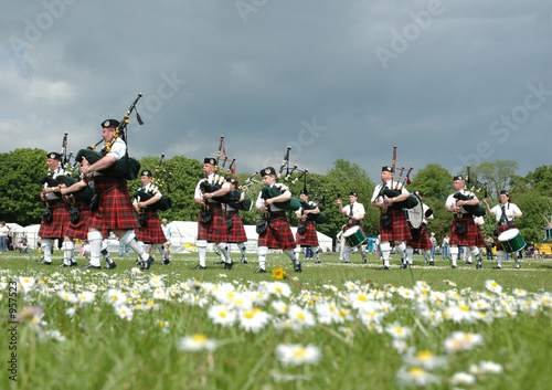 scottish pipe band marching on the grass