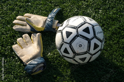 goalie gloves with soccer ball.