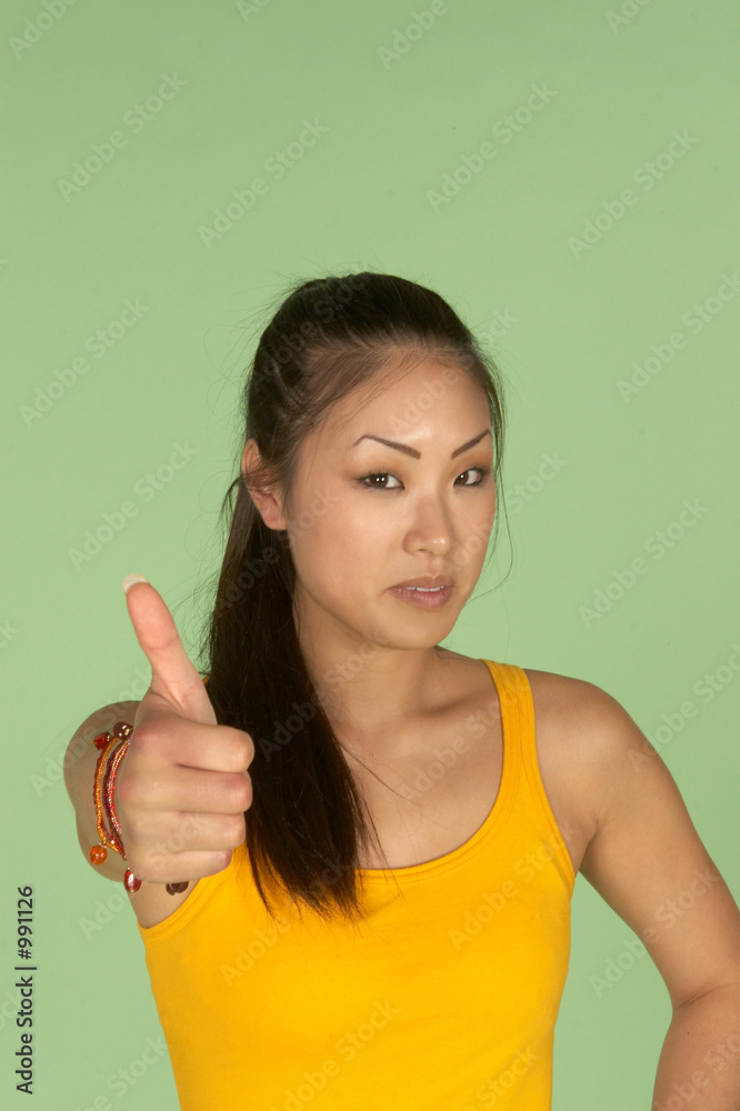 asian woman with thumbs up sign