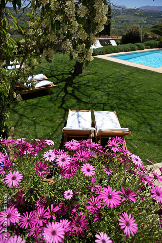 luxury rustic hotel and swimming pool in countryside