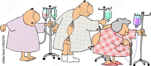 two men and a woman wearing hospital gowns