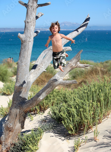 boy jumping out of tree on vacation