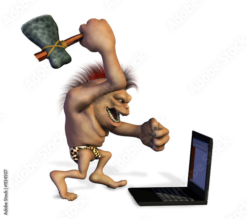 caveman killing a laptop photo