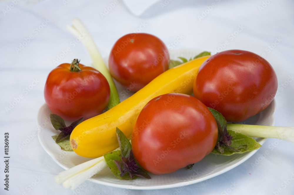 from the garden, plate of tomatoes and zucchinis