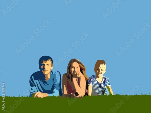 family on herb under blue sky