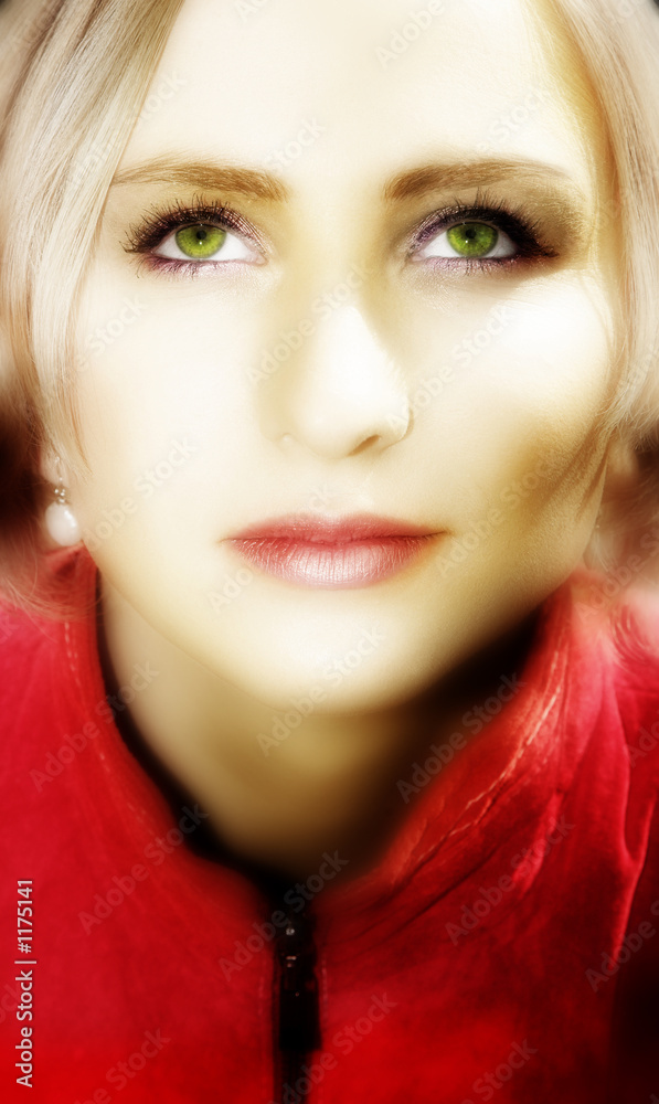 young blond woman in red jacket young blond woman in red jacket
