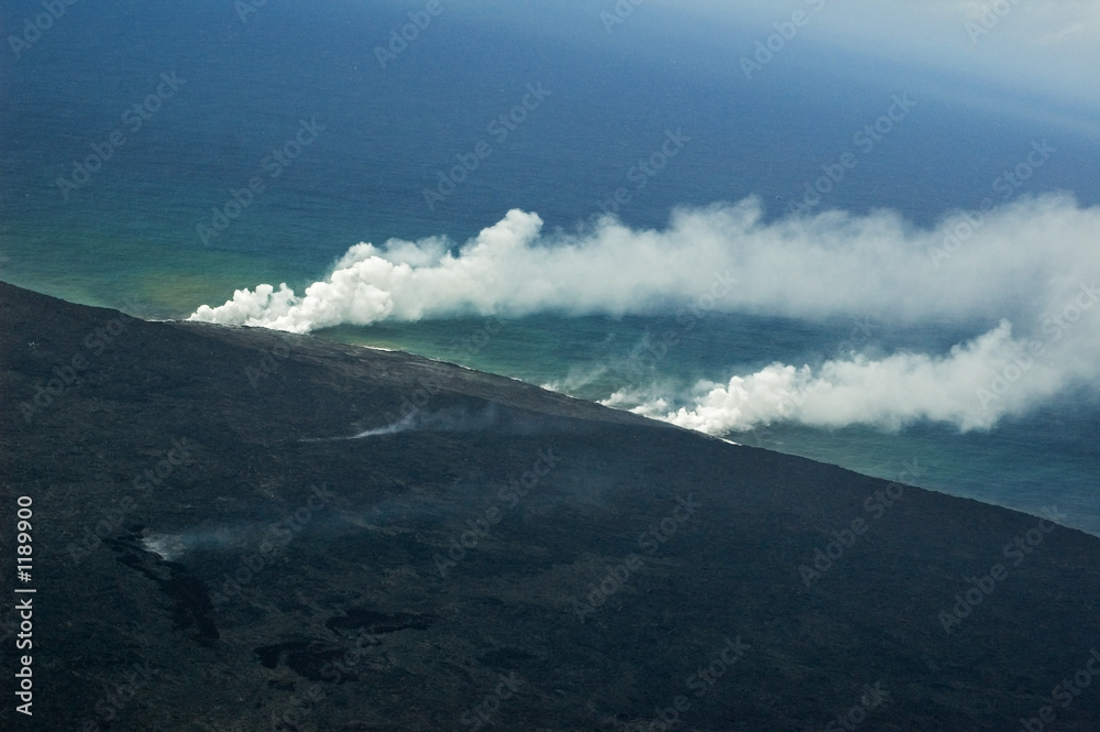big island aerial shot - lava meets ocean