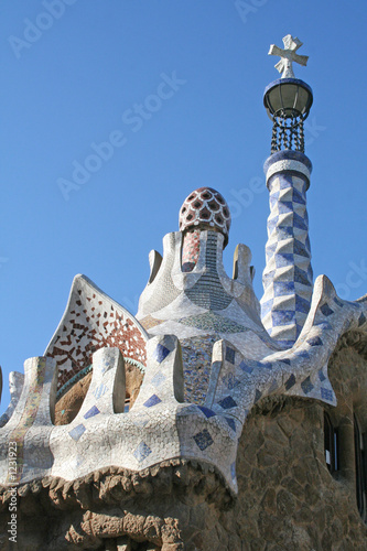 mosaic roof of little building in guell park.