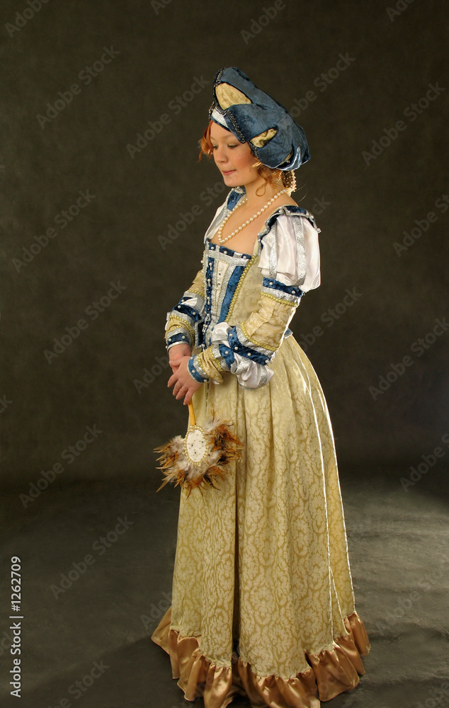 girl in polish clothes of 16 century with mirror-fan