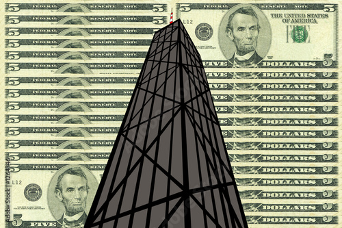 john hancock tower chicago against five dollar bill
